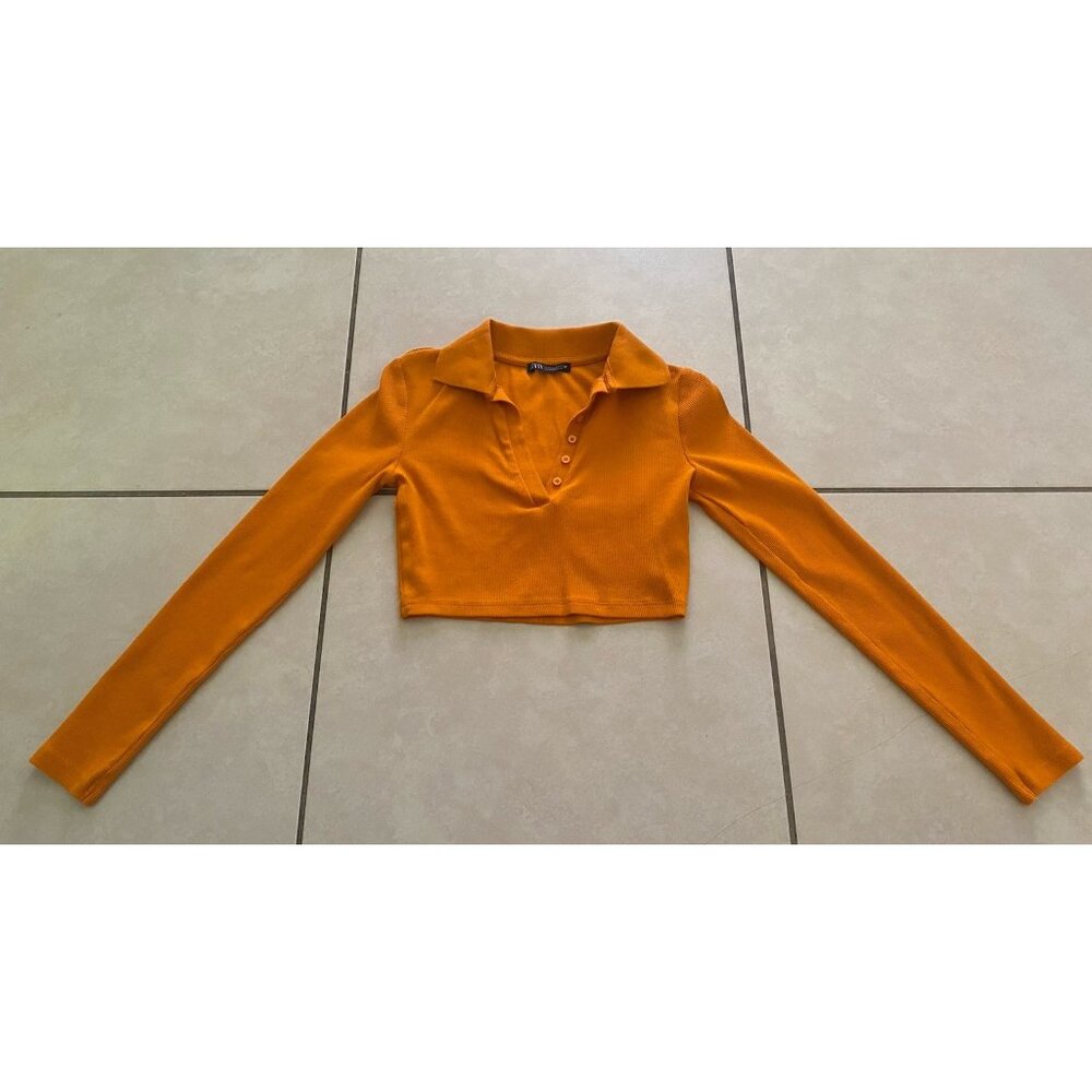 Zara Ribbed Long Sleeve Crop Top Women’s Size Small Orange Faux Button - Picture 2 of 7